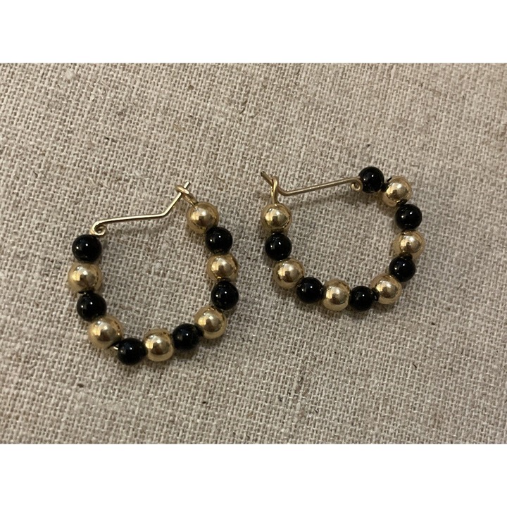 Vintage Dainty Handmade 14K Gold Onyx Hoop Earrings