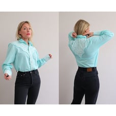 1980's Vintage Aqua & Floral Western Shirt ~ Men's XS to SM Women's SM MD