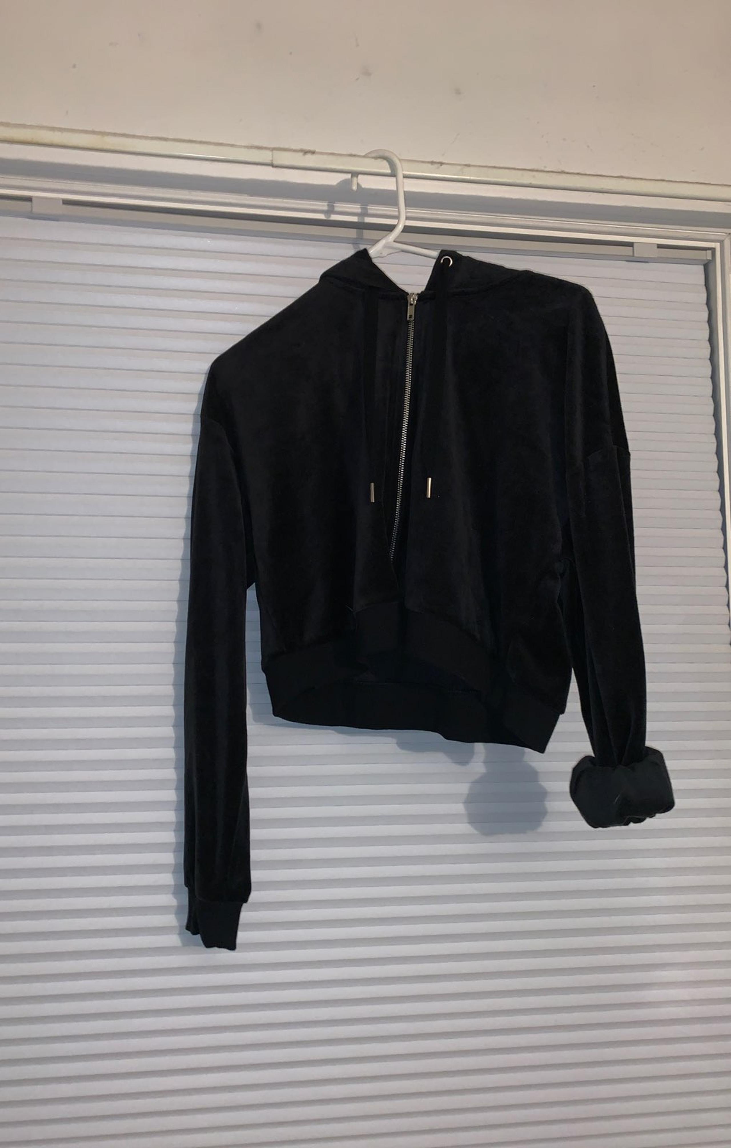 H&M Black Velvet Cropped Hooded Jacket