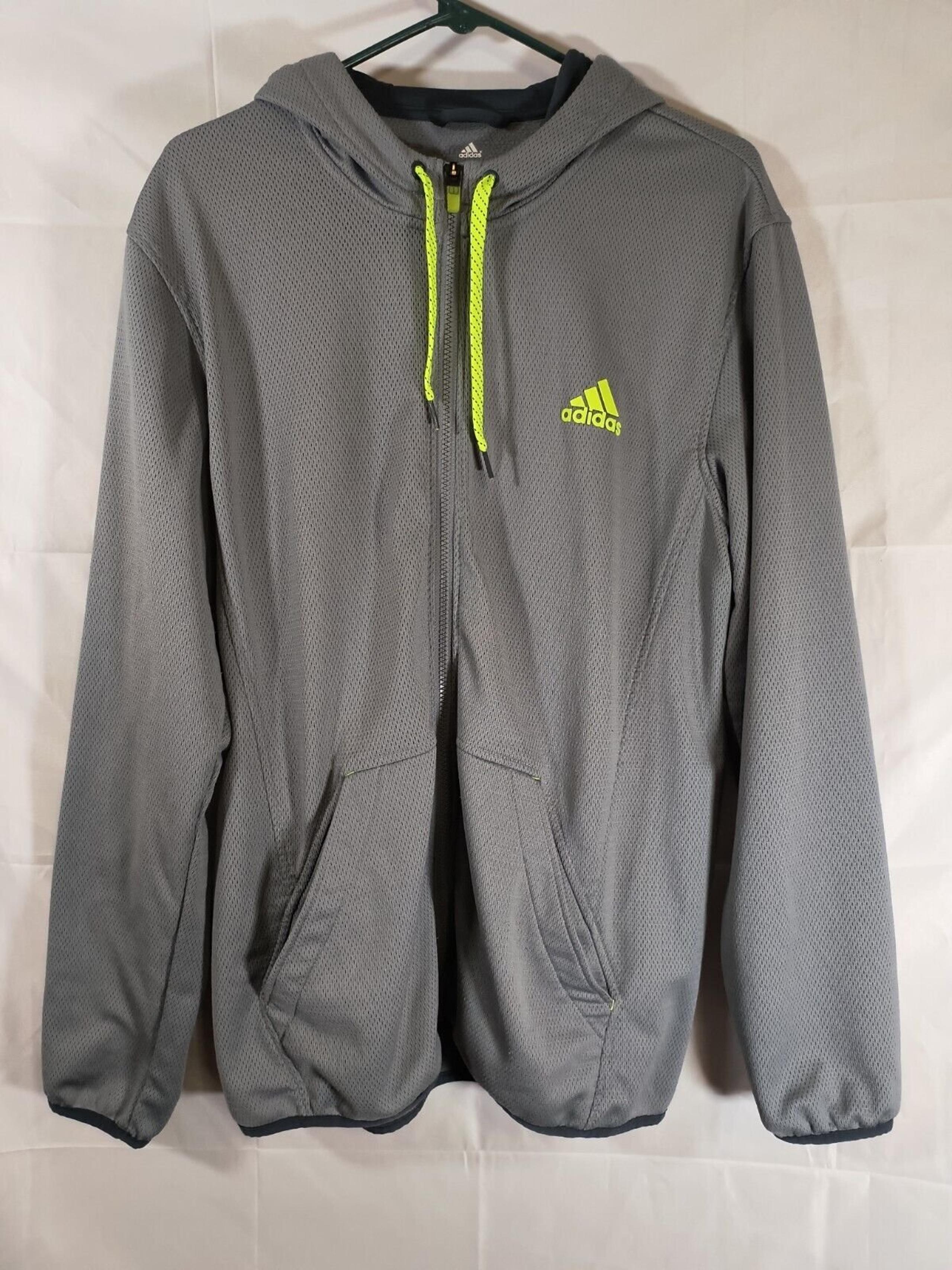 Adidas Jacket fleece Large Gray Neon Green Full Zip Tech Hoodie Hooded