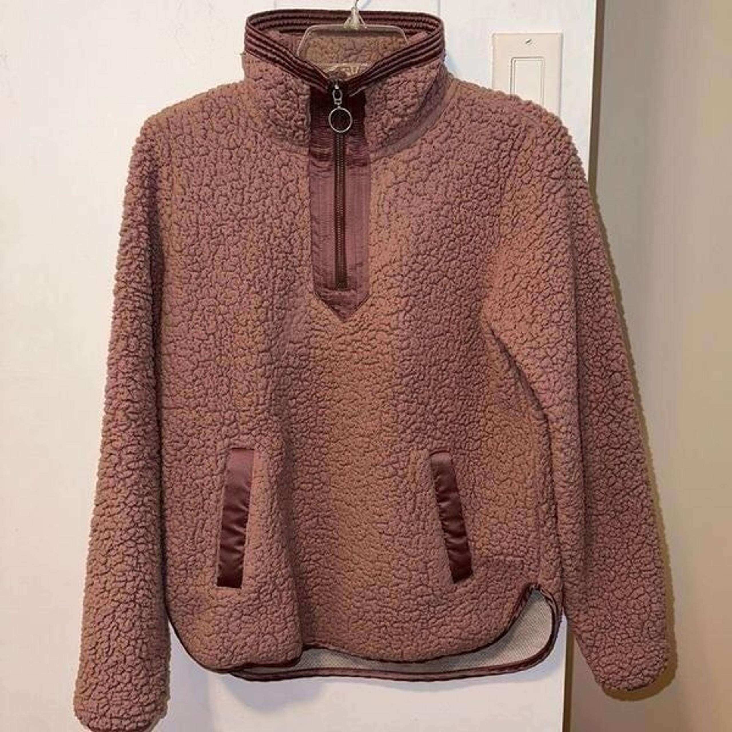 XS Abercrombie & Fitch Sherpa Half-Zip Satin Trim Sweatshirt in Mauve