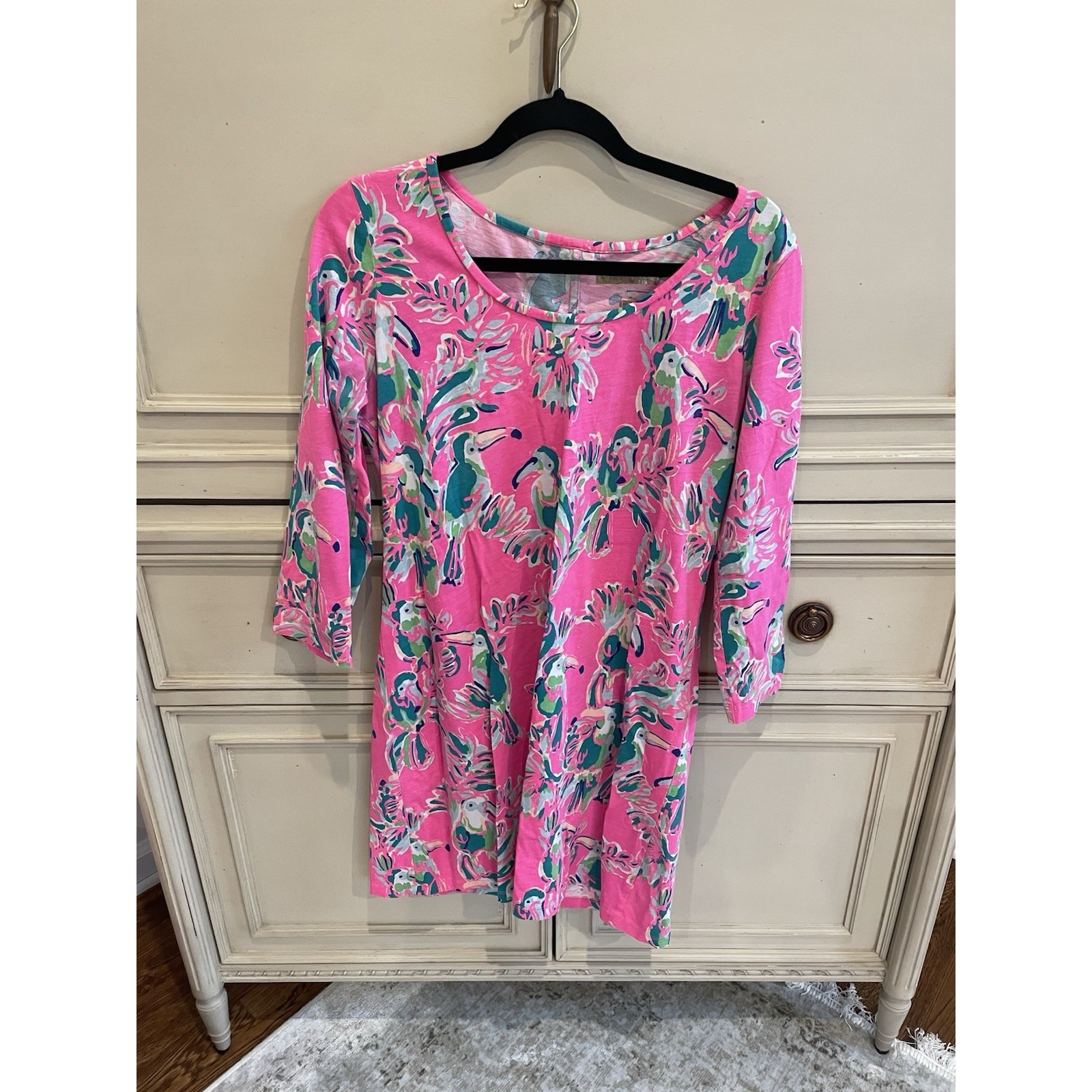 Lilly Pulitzer Pink Toucan Beachy Dress 3/4 Sleeve Pima Cotton Large