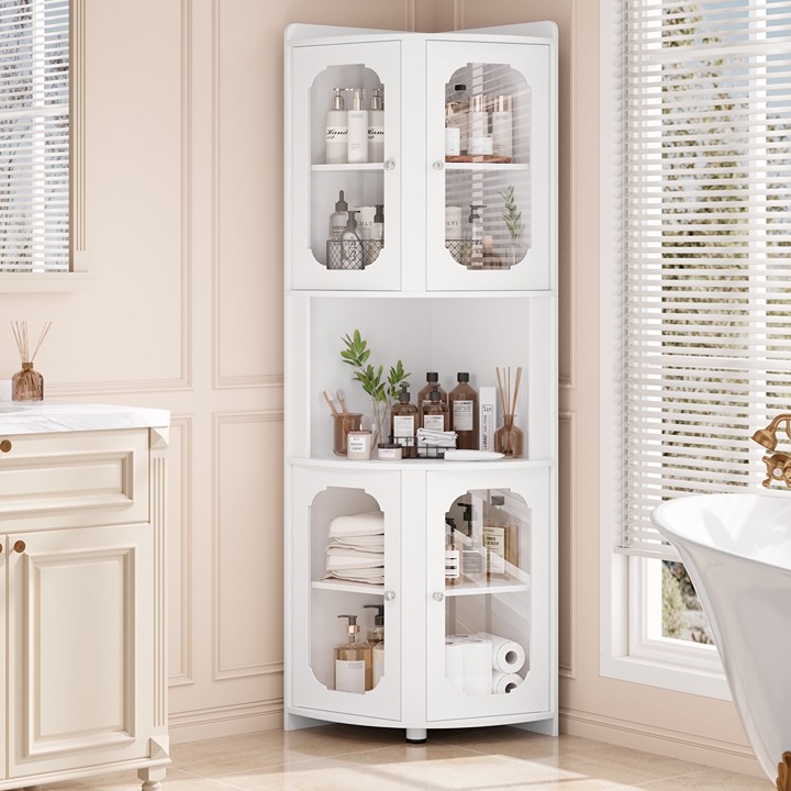 Bathroom Storage Cabinet with Glass Door Design & Adjustable Shelves, White