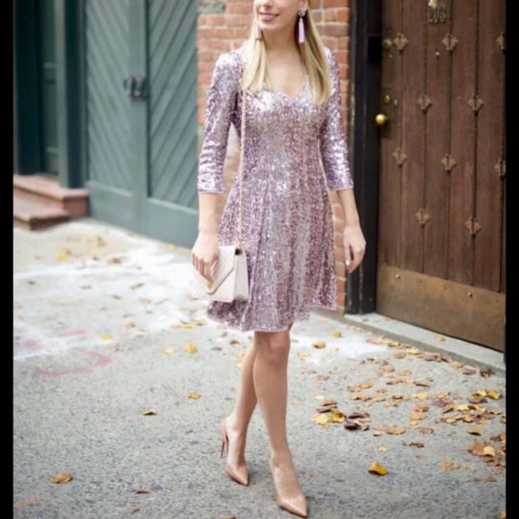 NWT Eliza J pink rose gold mesh sequin fit & flare formal party dress
