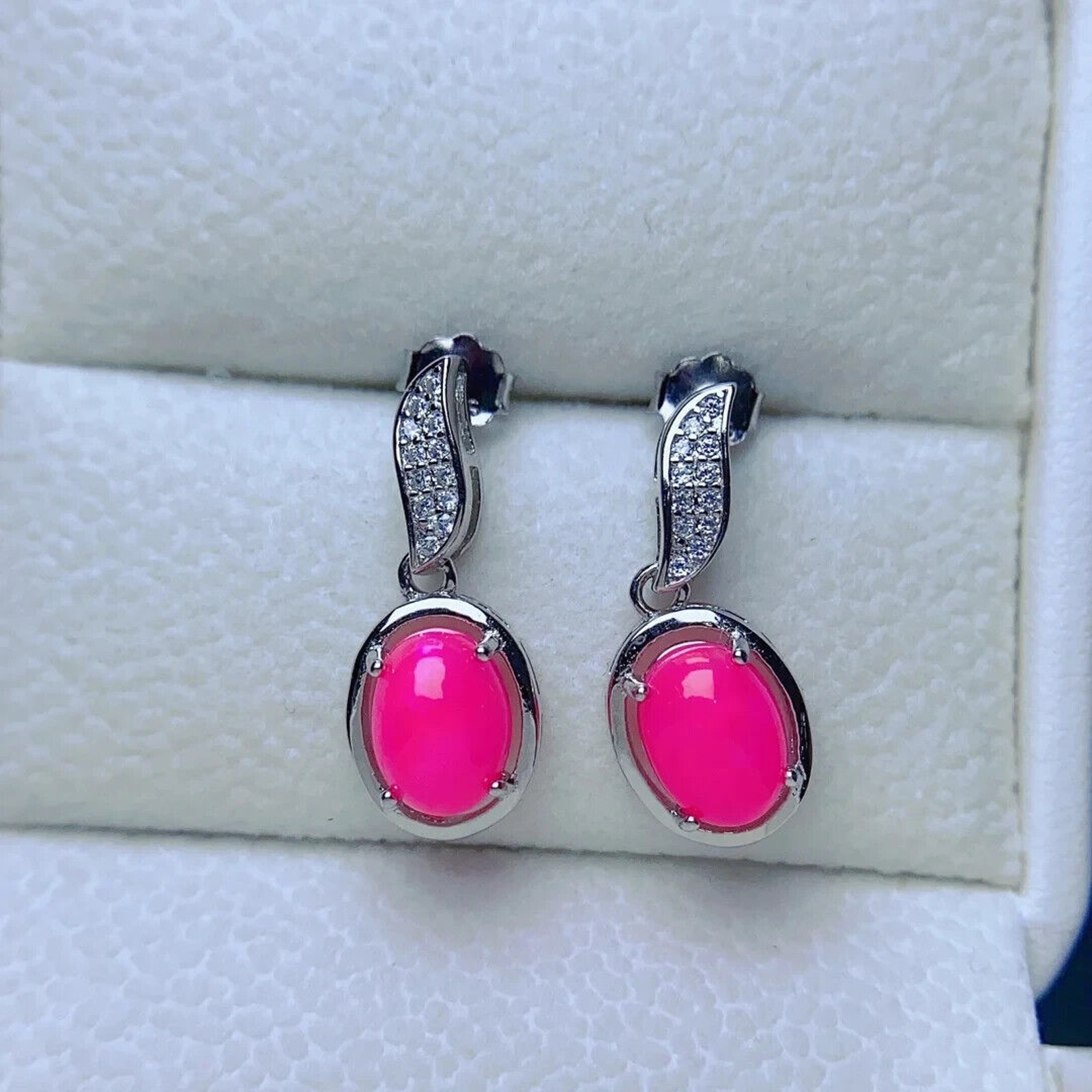 Pink Fire Opal Dangle Earrings 6x8mm, Natural Pink Opal Earrings Sterling Silver