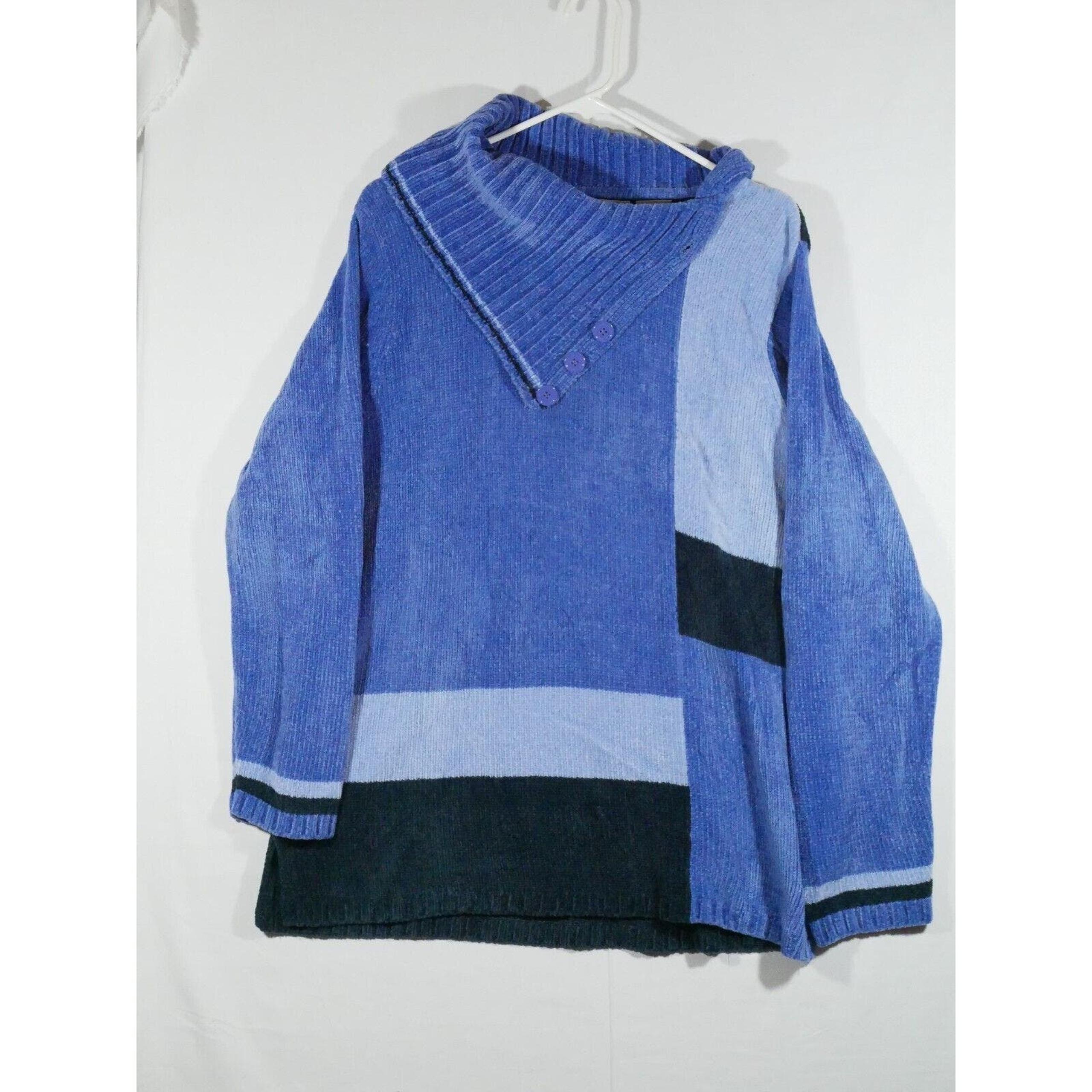 Vtg White Stag Cowl Neck Acrylic Sweater Women's 16W Blue Black Color Block