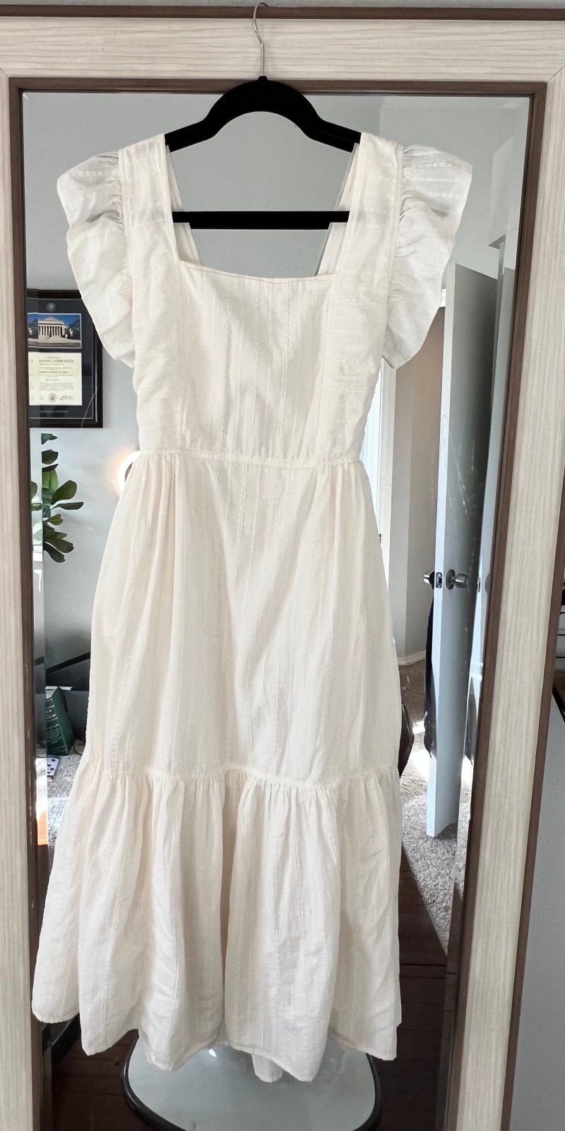 MADEWELL Ivory Textural Stripe Ruffle Strap Bow-Tie Back Tiered Midi Dress Sz Sm