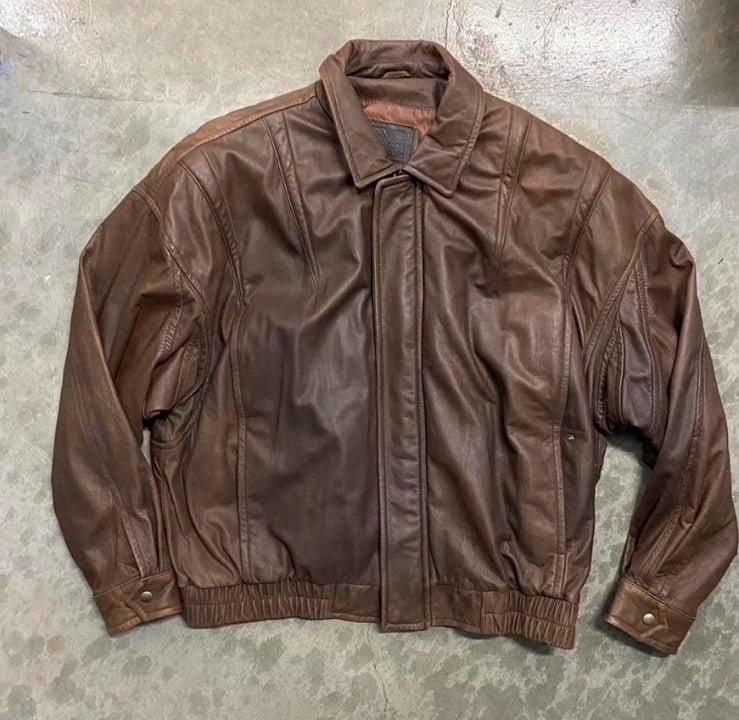 Brown leather bomber jacket