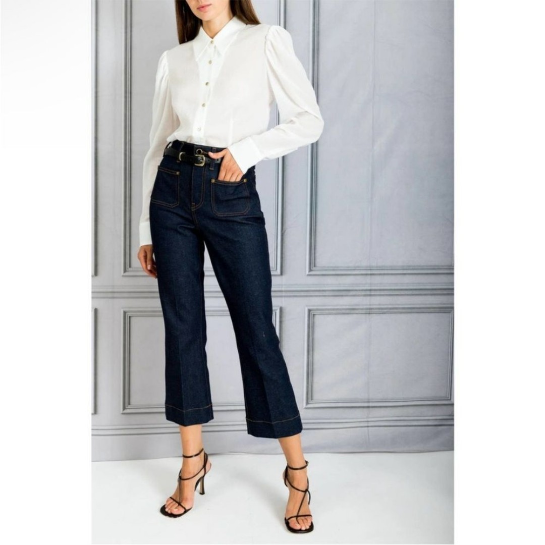NEW NWOT KHAITE Raquel Patch Pocket Crop Flare Jean Raw Wash Dark Wash SIZE 28