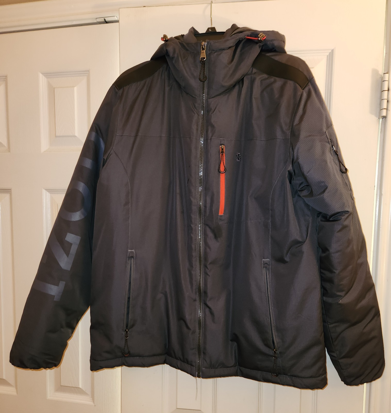 Izod Men 5 Pocket Dark Gray Puffer Jacket Coat With Hood Size M