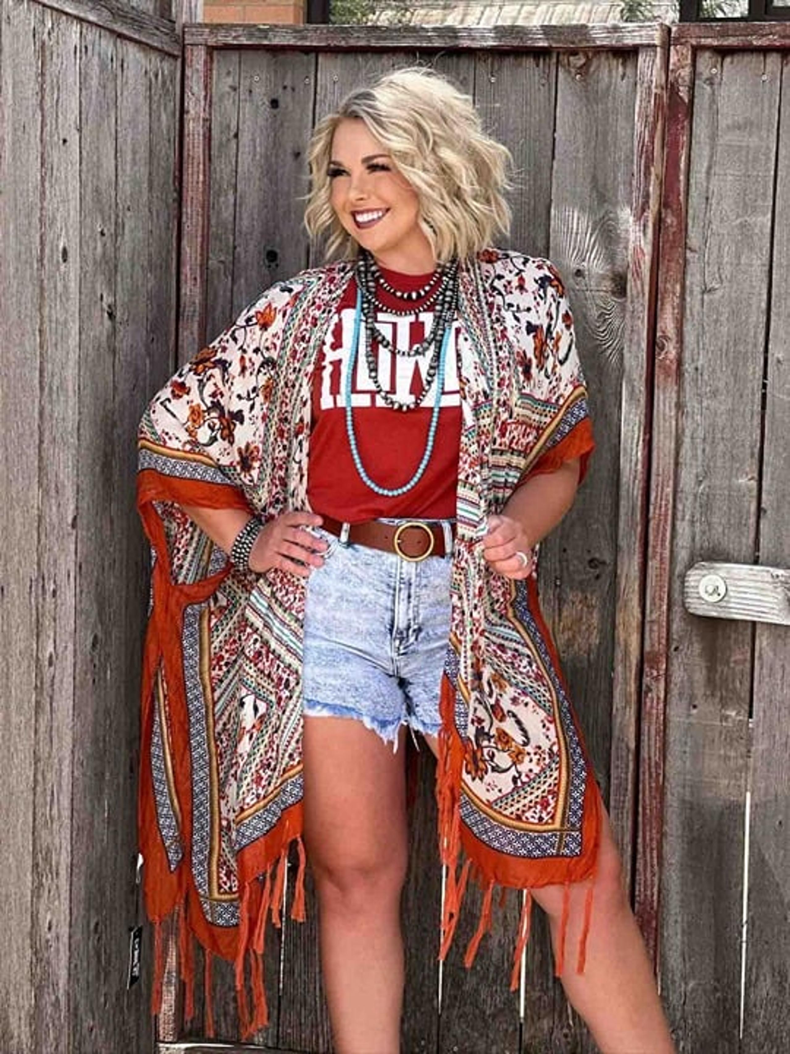 Kimono Paisley Boho Western Fire Orange Tassel Trim Hem Bohemian Style NEW