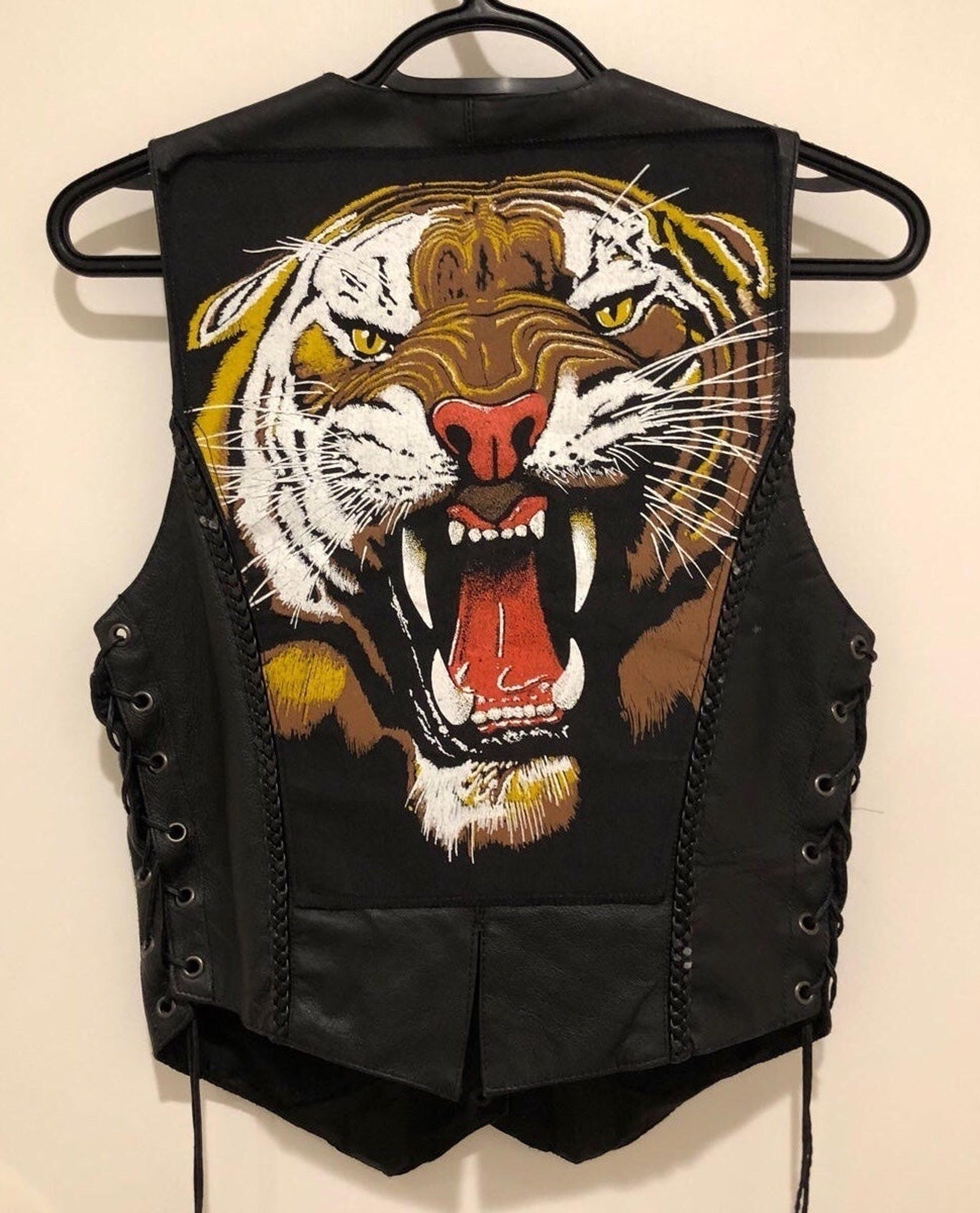 Leather Vest Hand Stitched Tiger Patch Motorcycle
