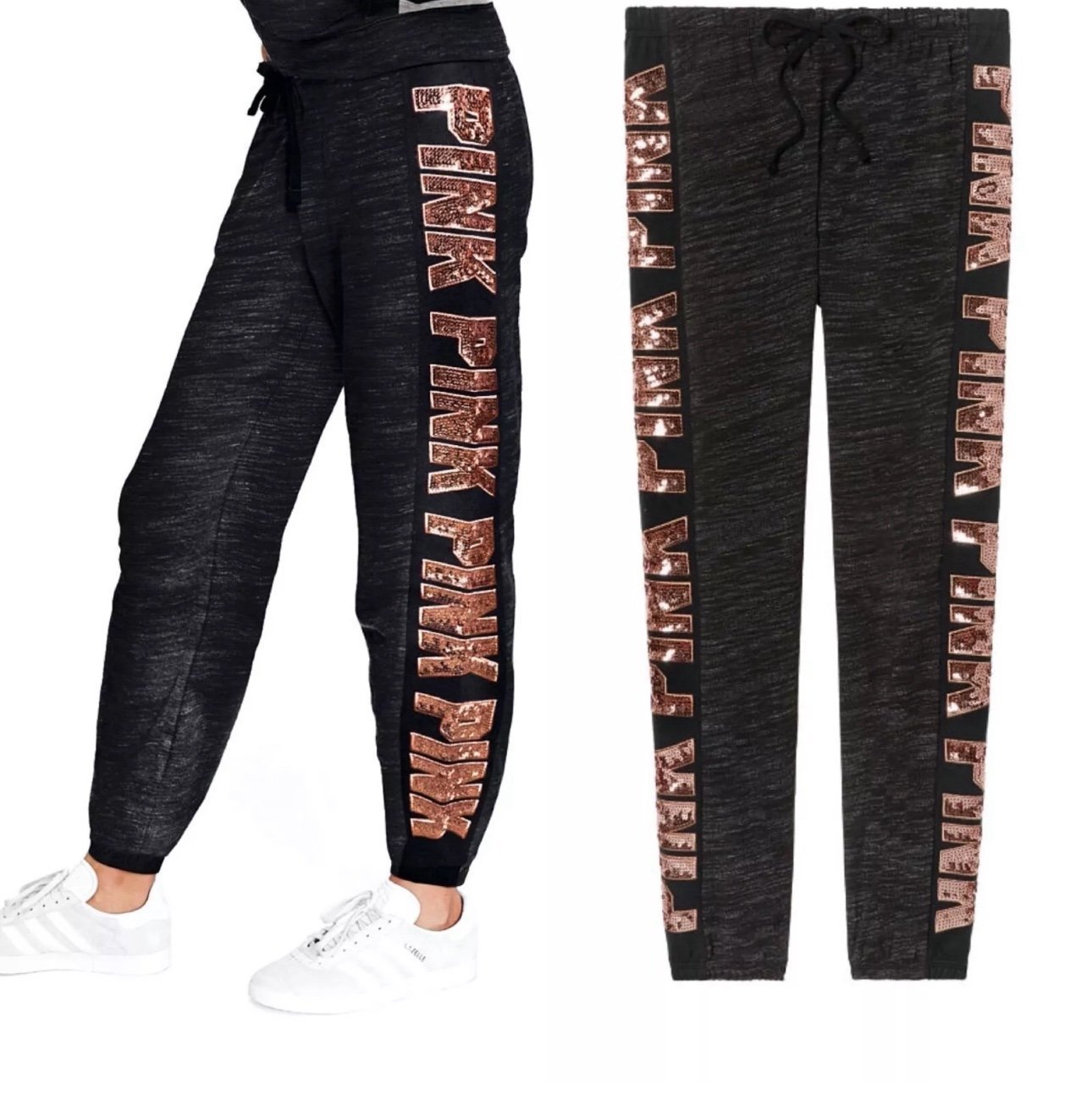 VS PINK CLASSIC SWEATPANTS JOGGERS ROSE GOLD MEGA BLING LOGO DK MARL GRAY HTF XS
