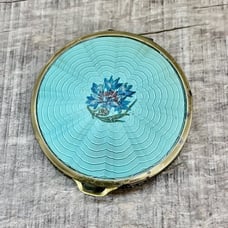 Antique Evans Green Guilloche Enamel Floral Gold Tone Mesh Mirror Powder Compact
