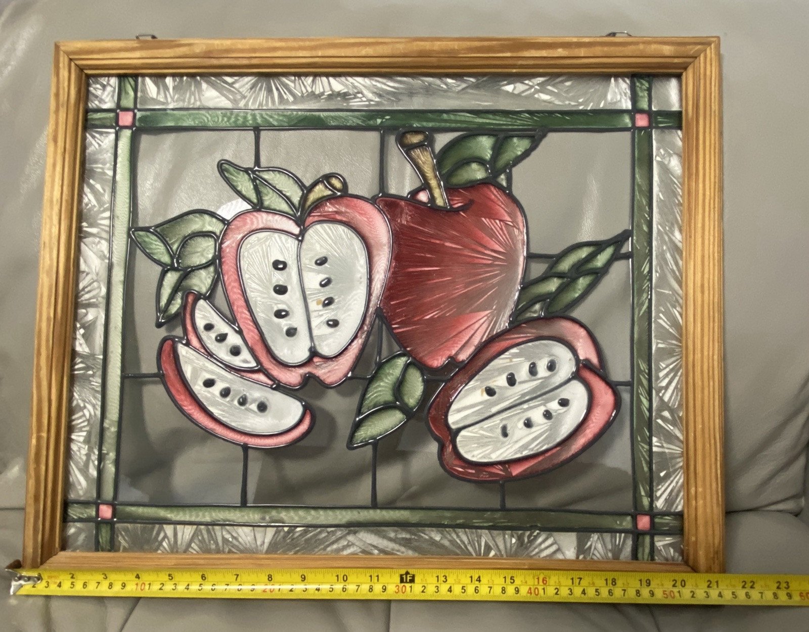 Large Faux Stained Glass Hanging Panel Window Apples Vintage 17.75 x21.75 Framed