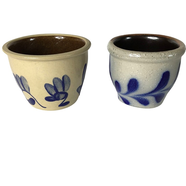 Salt Glaze Stoneware Crocks Set of 2 Hand Painted Cobalt Blue Folk Art Pottery