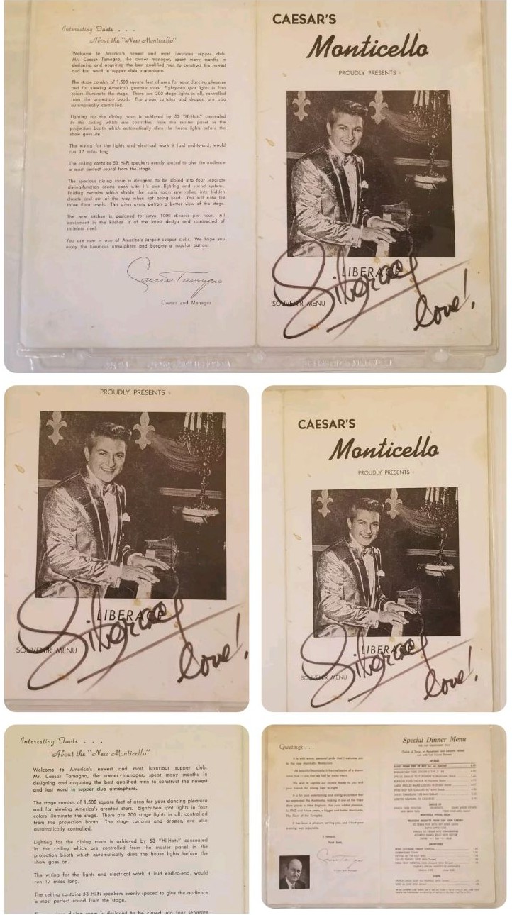 Vtg RARE Liberace Pianist Showman Signed AUTO 1950s Caesars Dinner Program Menu