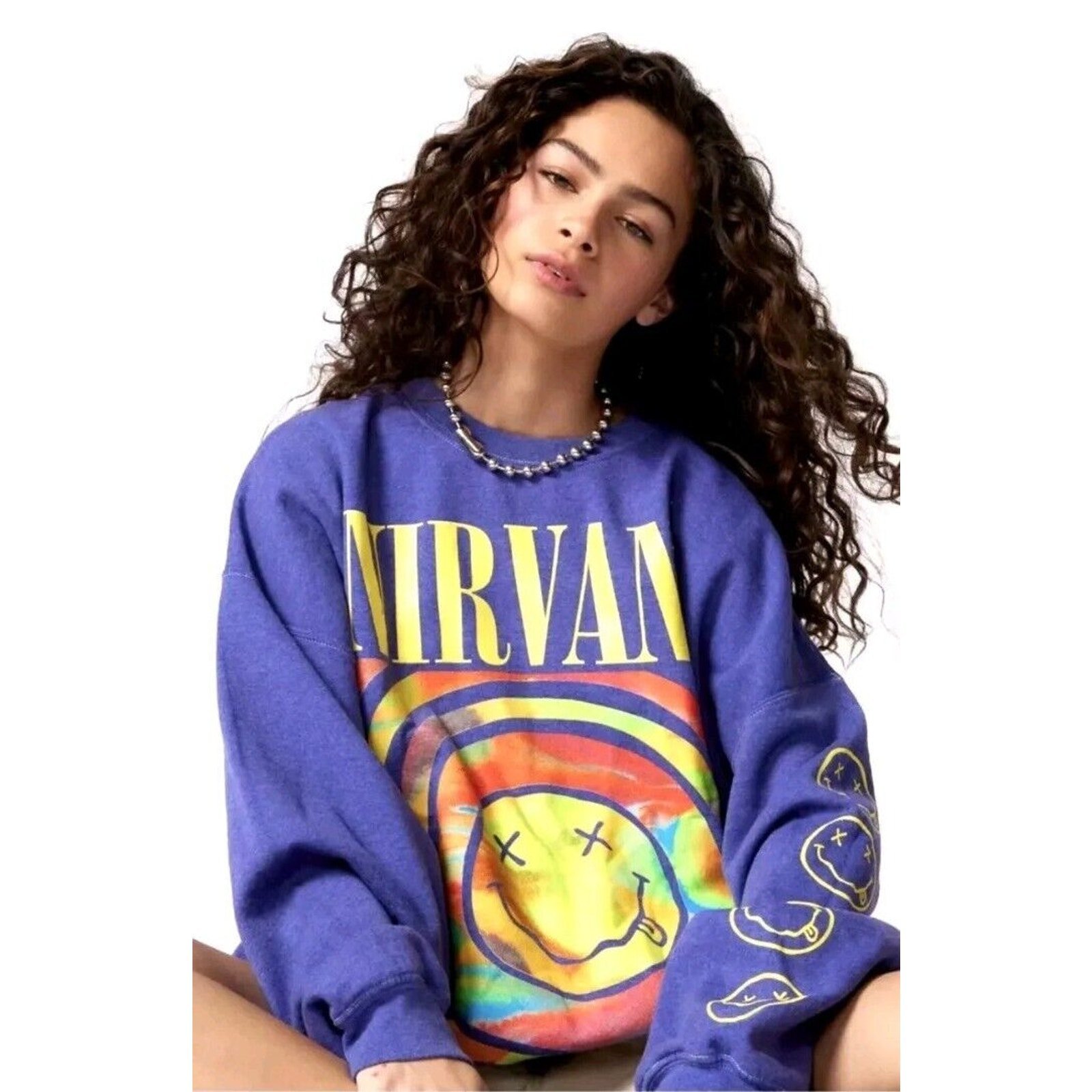 Nirvana Smile Overdyed Sweatshirt Purple L/xl Urban Outfitters OVERSIZED