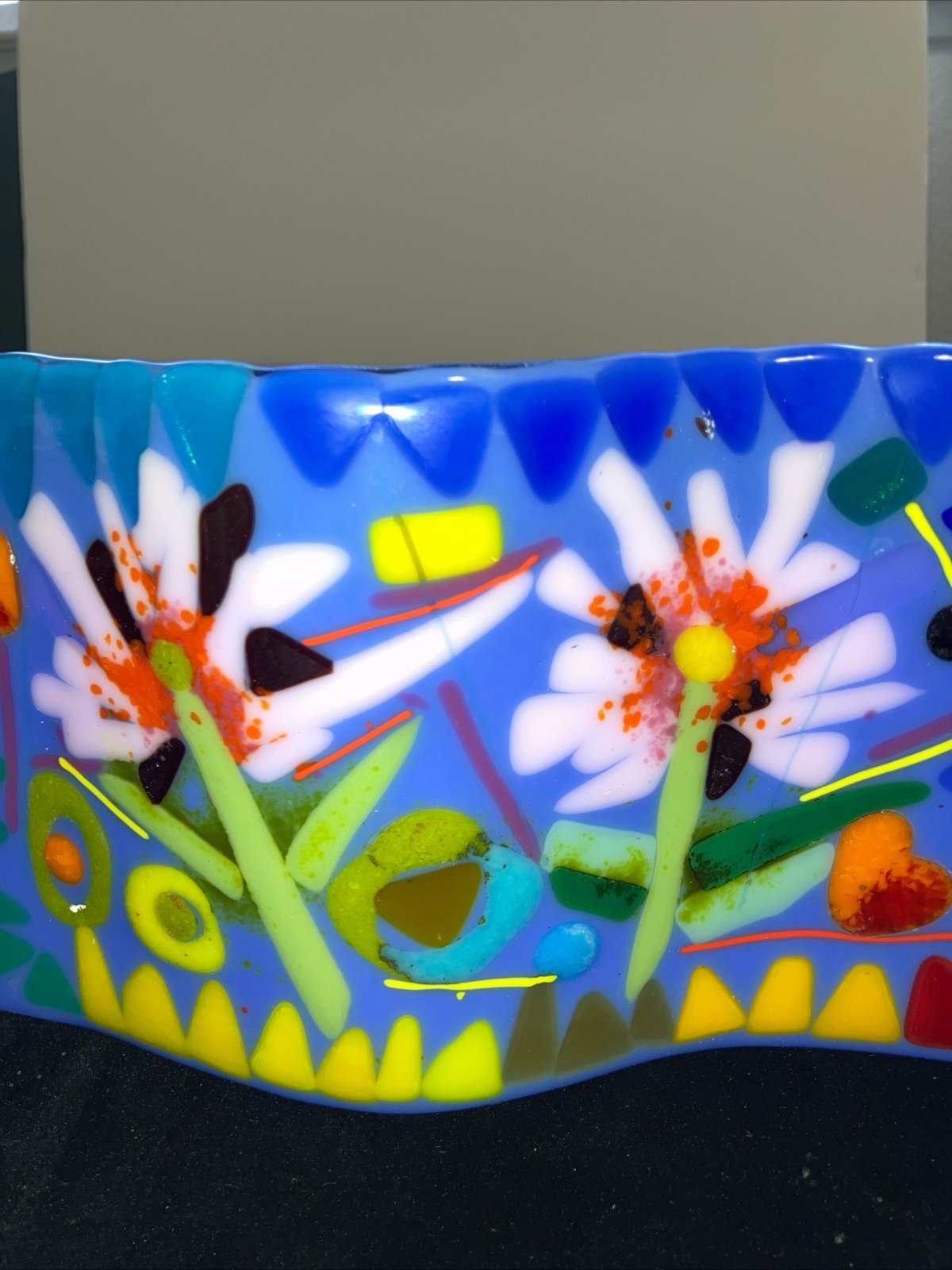 Pink Flowers“Handmade Original Fused Art Glass Wave “Periwinkle 9.5”x5.5”