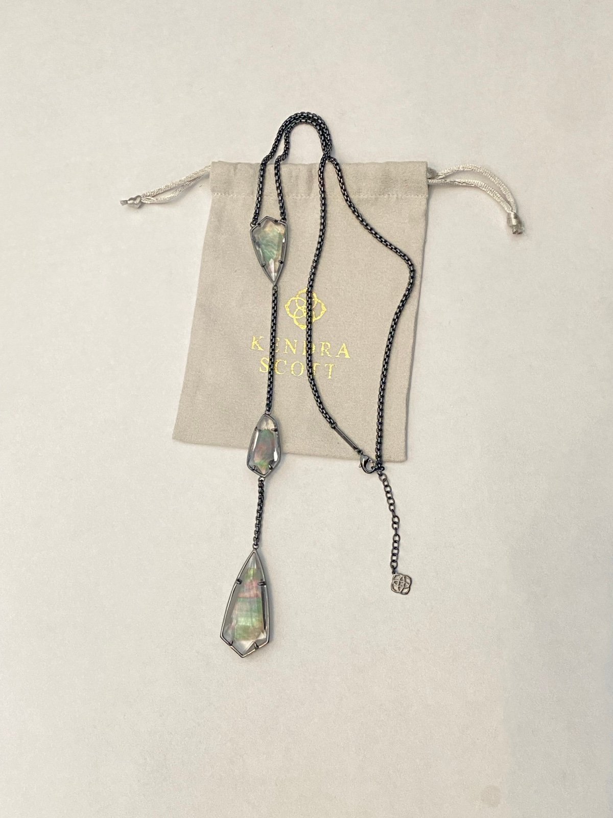 Kendra Scott Charlotte Gunmetal Black Mother Of Pearl Silver Y Necklace