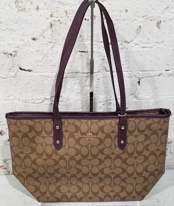 Coach purple and khaki signature tote bag
