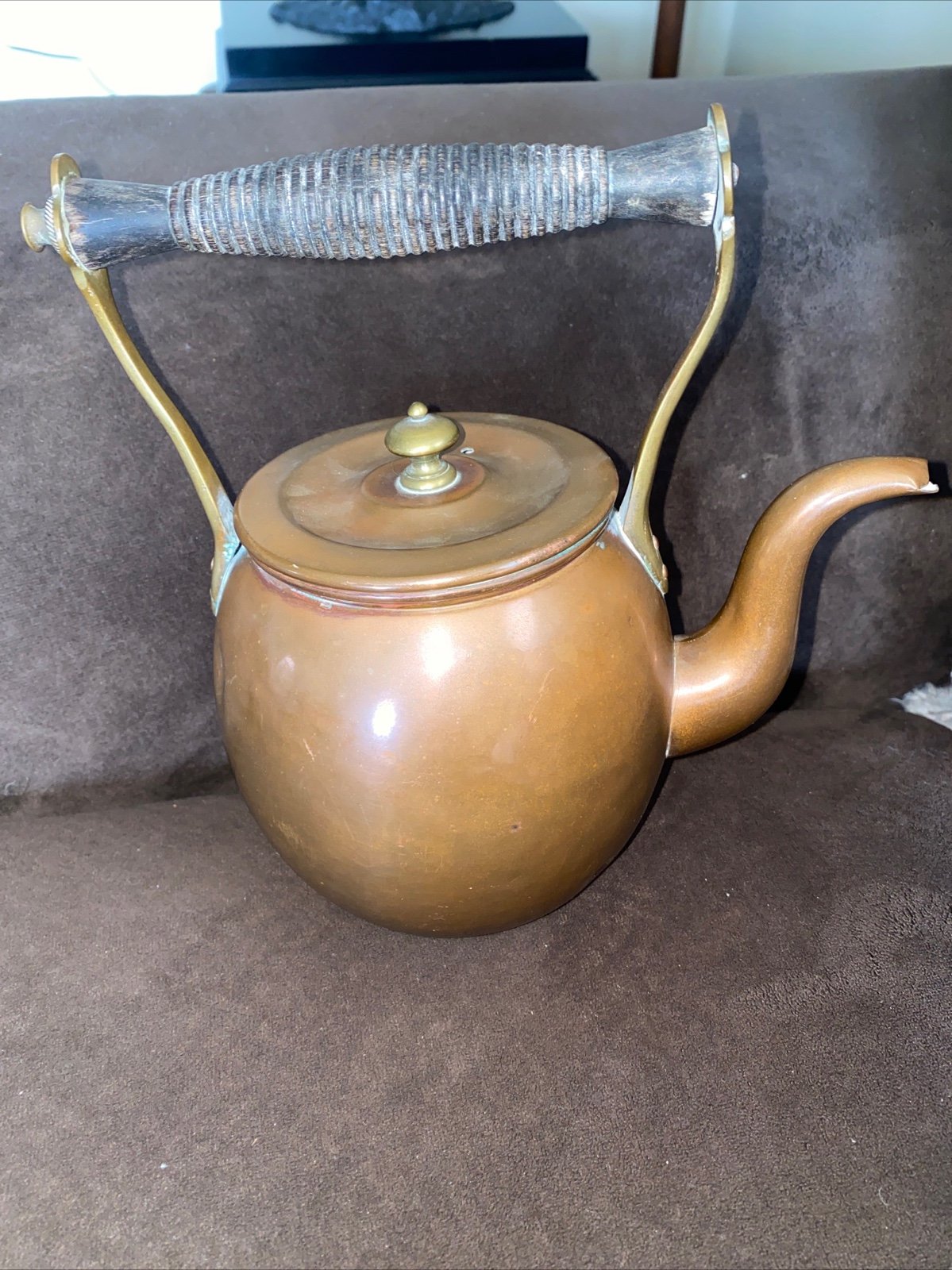 Copper teapot L C Copper Tea Pot Kettle wood Handle 8 Tall.