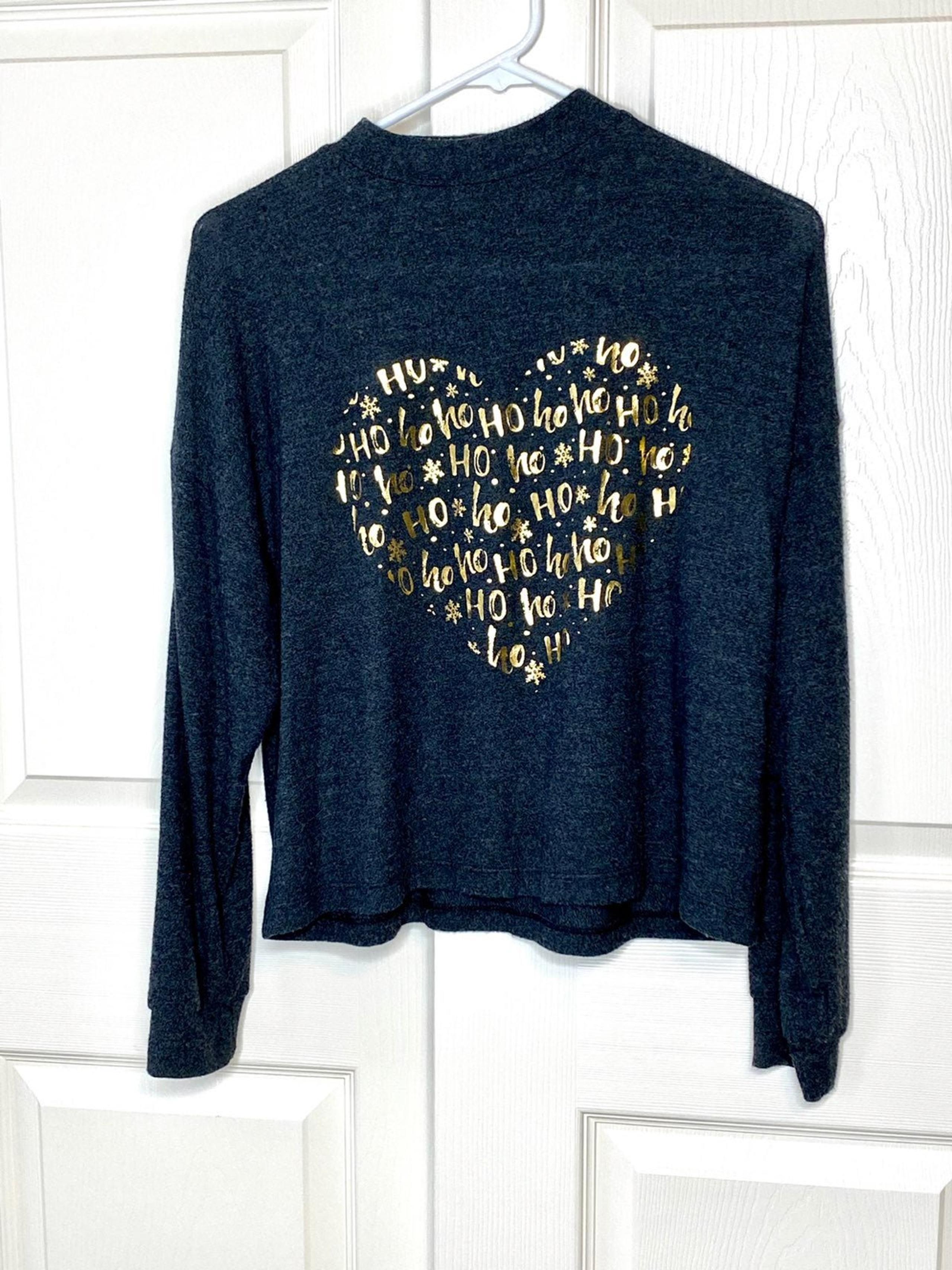 One Clothing Holiday Turtleneck Sweater Grey w Gold “Ho Ho Ho” Small