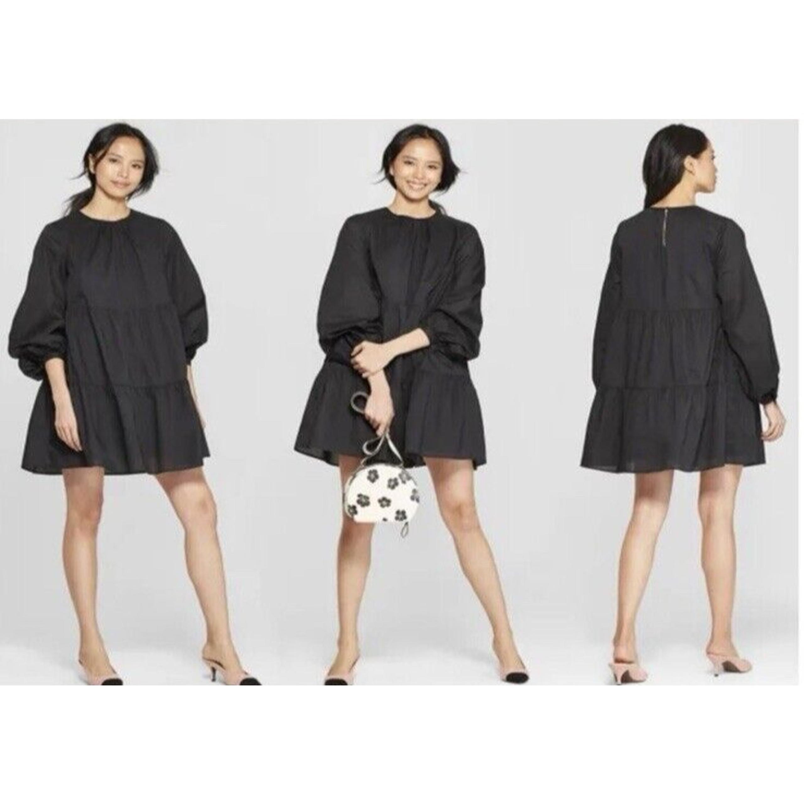 Who What Wear Women Medium Dress Tiered Mini Long Sleeve Black