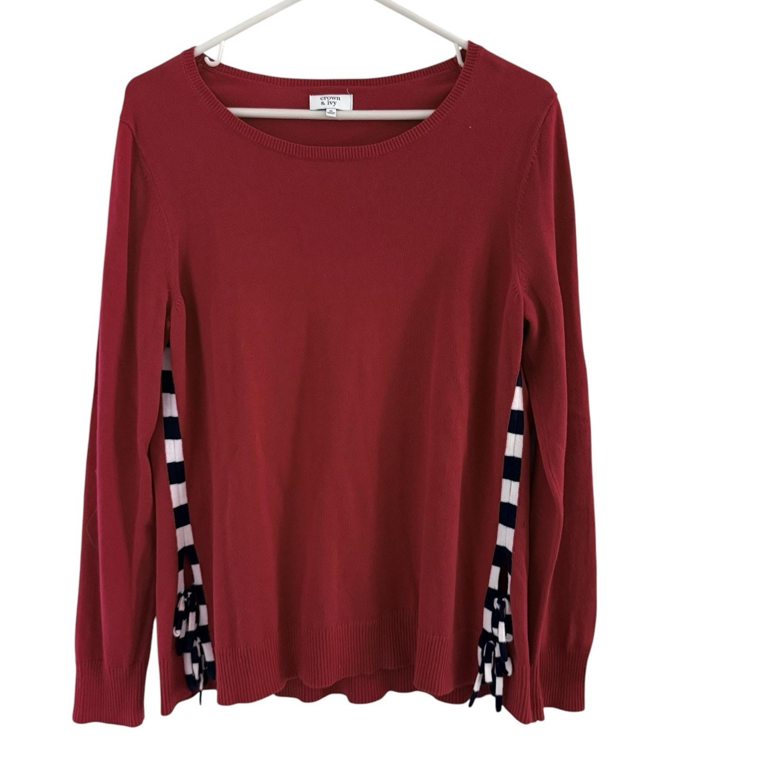 Crown & Ivy Women L Large Sweater Red Nautical Tight Knit Scoop Neck Long Slv