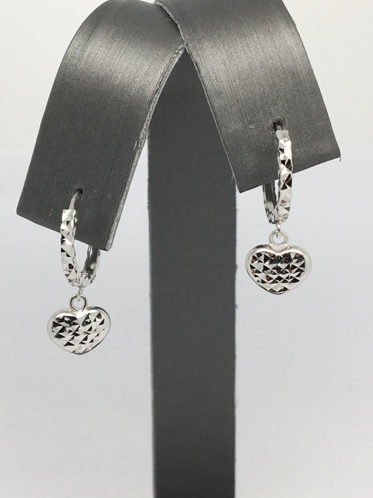 18K Real WG Heart Dangling Earrings
