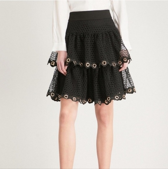 MAJE Black Tiered Ruffle Crochet Skirt High Rise Steampunk Goth Witchy Skirt