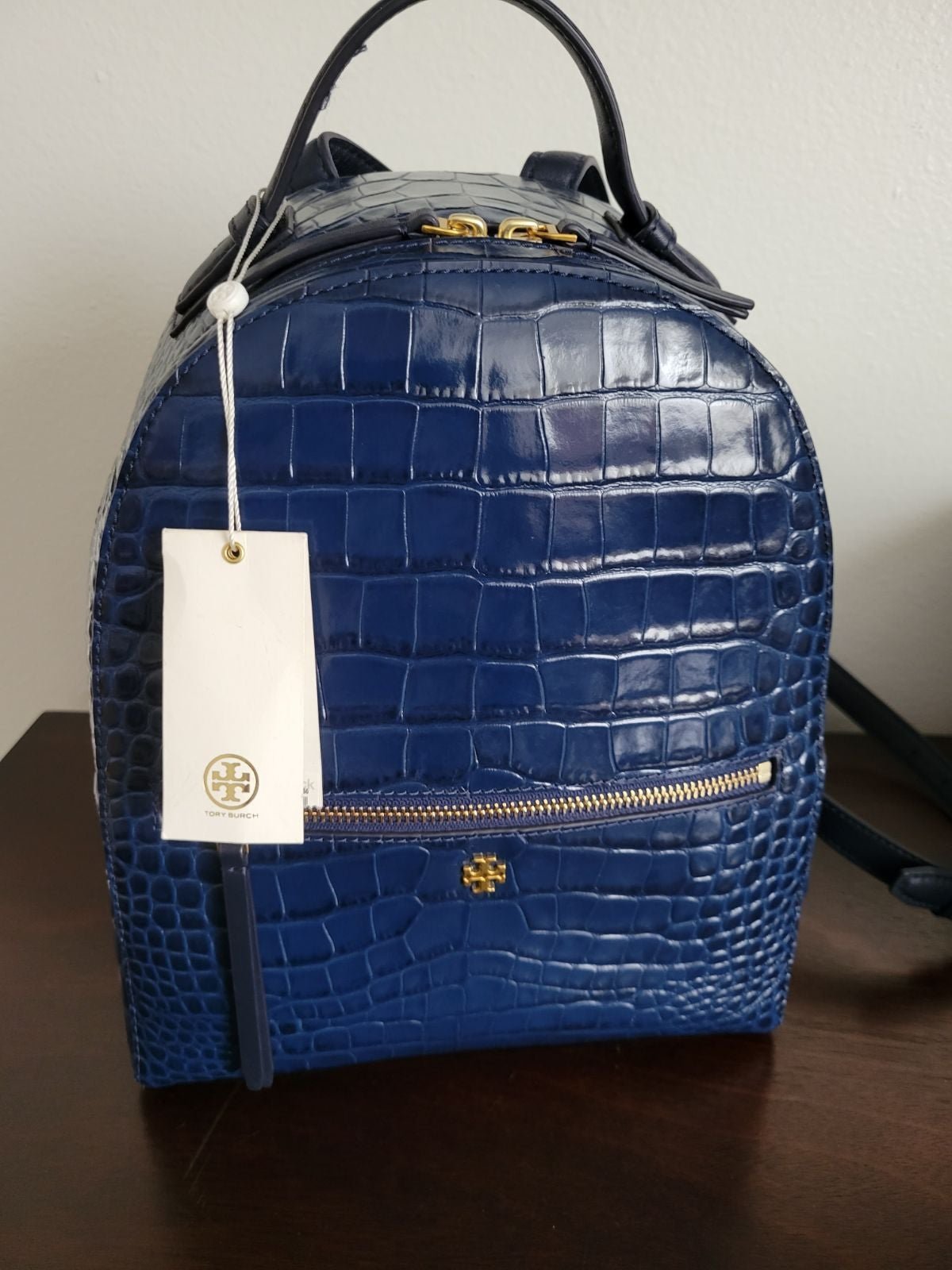 New Tory Burch Croc-Embossed Leather Backpack Color Navy