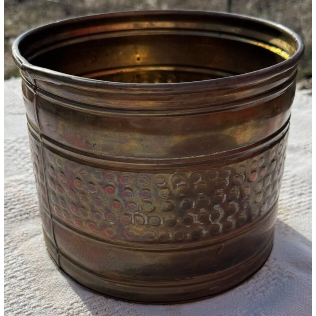 Hammered Solid Brass Planter, Pot 8 Diameter 7 Tall - Vintage