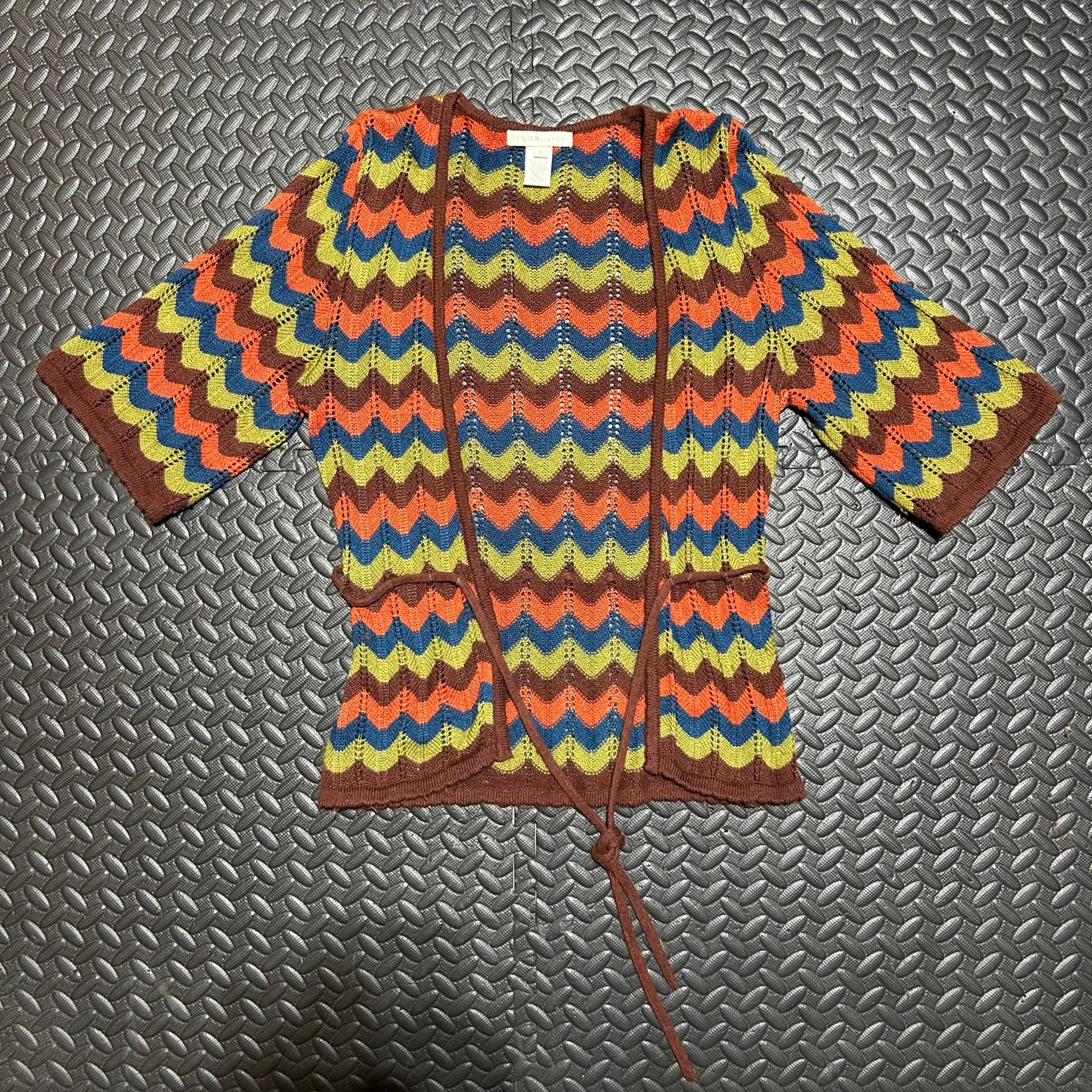 Design History Cardigan Knit Sweater Crochet Open Front Belted Womens Size Small