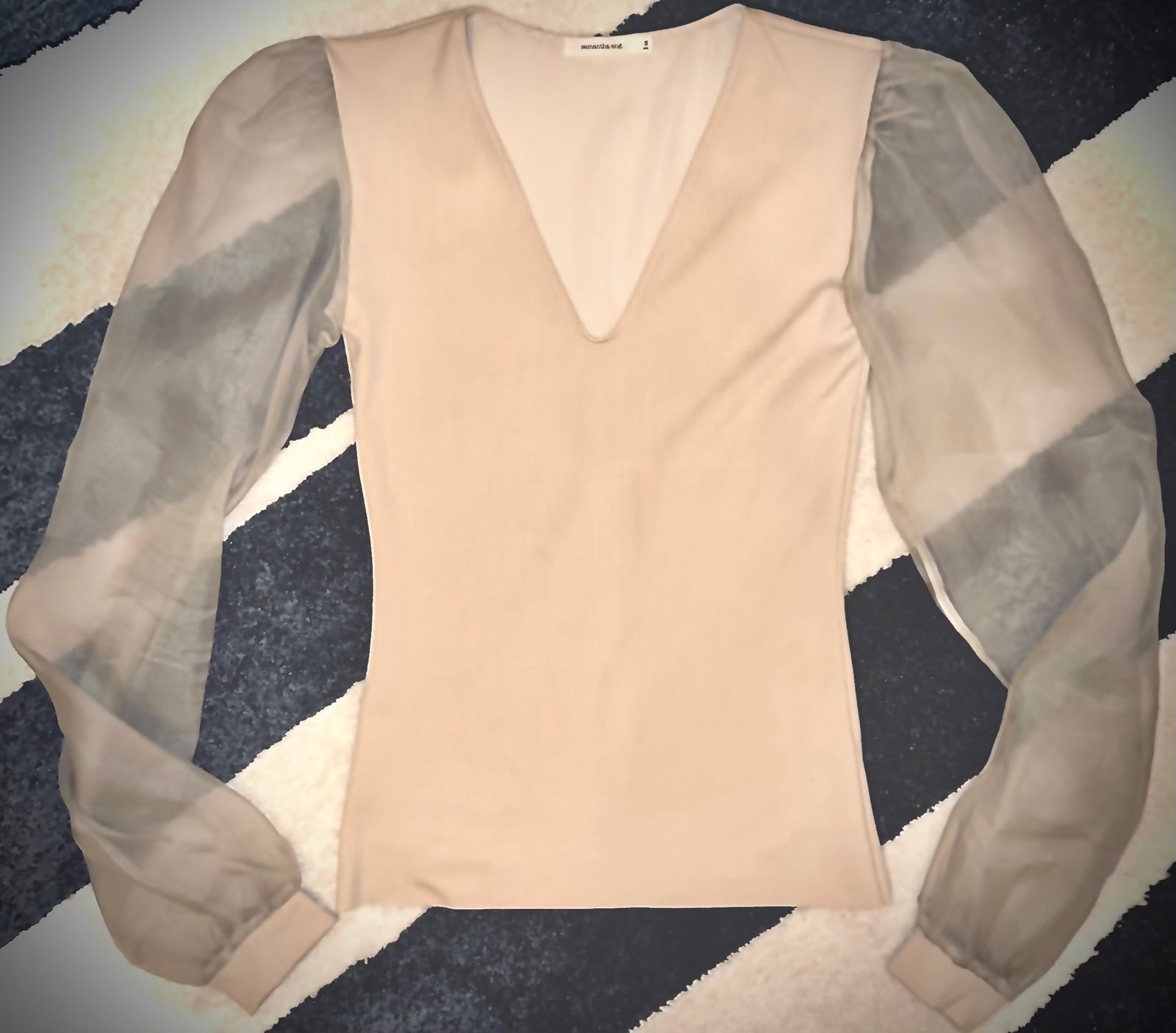 Samantha Eng selling Ribbed V-Neck Sheer Puff Sleeve Top in Sand