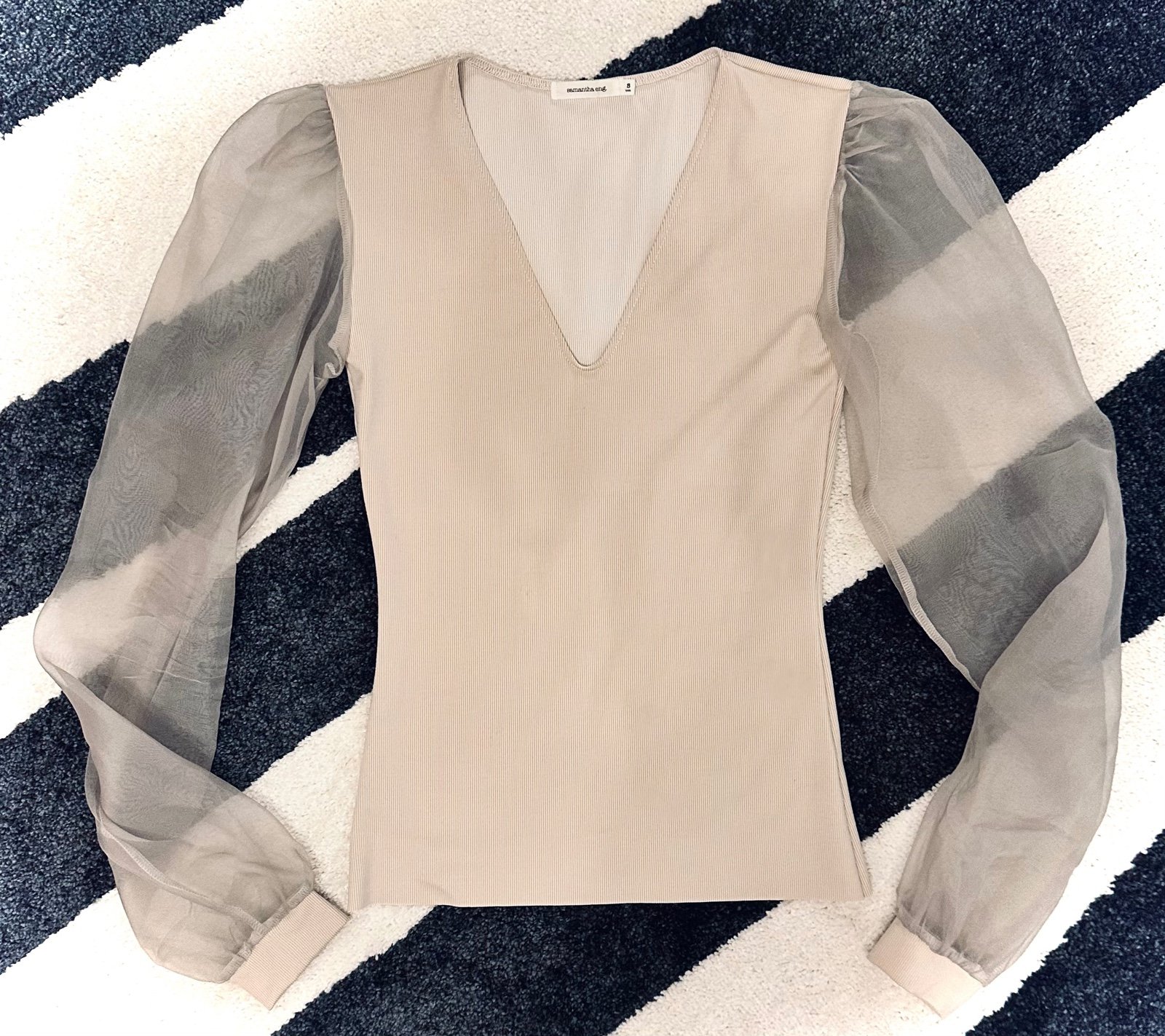 Samantha Eng selling Ribbed V-Neck Sheer Puff Sleeve Top in Sand