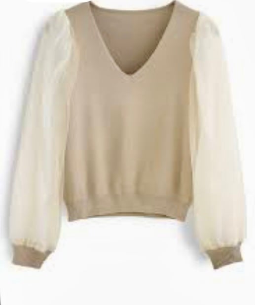 Samantha Eng selling Ribbed V-Neck Sheer Puff Sleeve Top in Sand