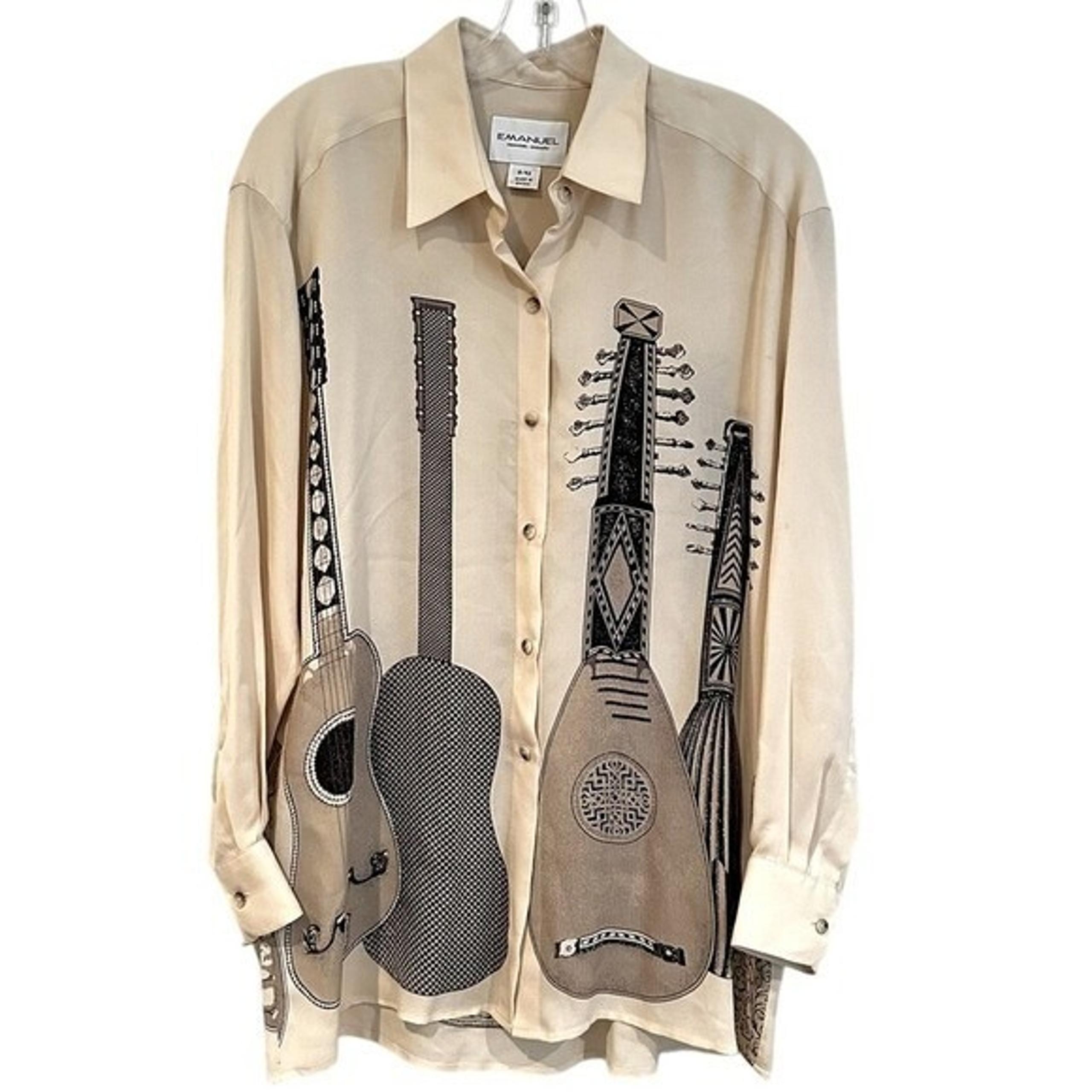 Emanuel Ungaro Guitar Printed Silk Button Up Long Sleeve Blouse Women's 8 Cream