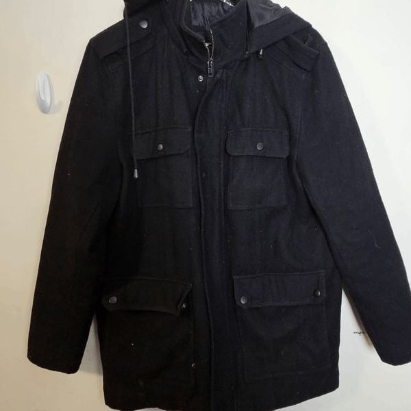 Structure Full Zip with Pockets Wool Hooded Peacoat Overcoat Jacket Men's Black