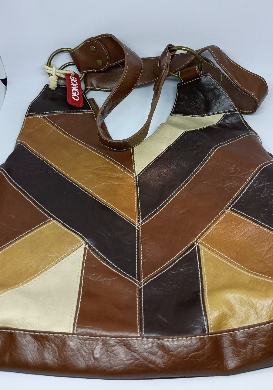 Vintage Bongo Patchwork Faux Leather Hobo Shoulder Bag With Snap Closure