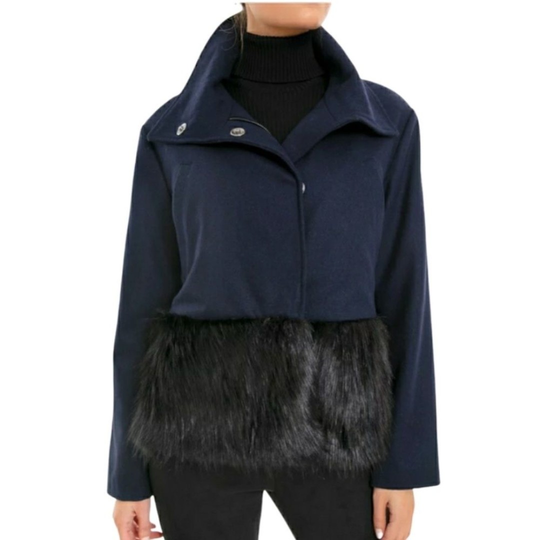 EUC Tuckernuck Maxwell Wool Blend Navy Blue Fur Trim Jacket Womens S