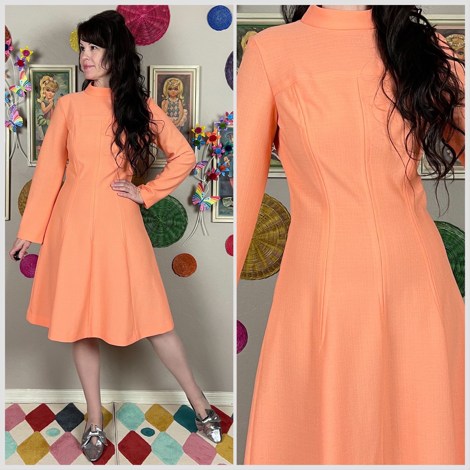 Vintage 1970s Peach Mock Neck Long Sleeve A-line Dress