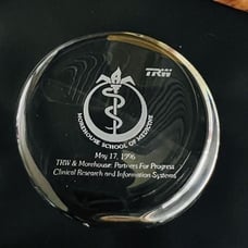 RARE 1996 TRW Morehouse School of Medicine Clear Glass Etched Paperweight