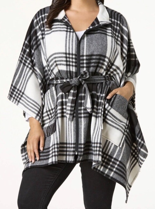 Cato Womens Black White Plaid Zip Front Belted Poncho Pockets One Size