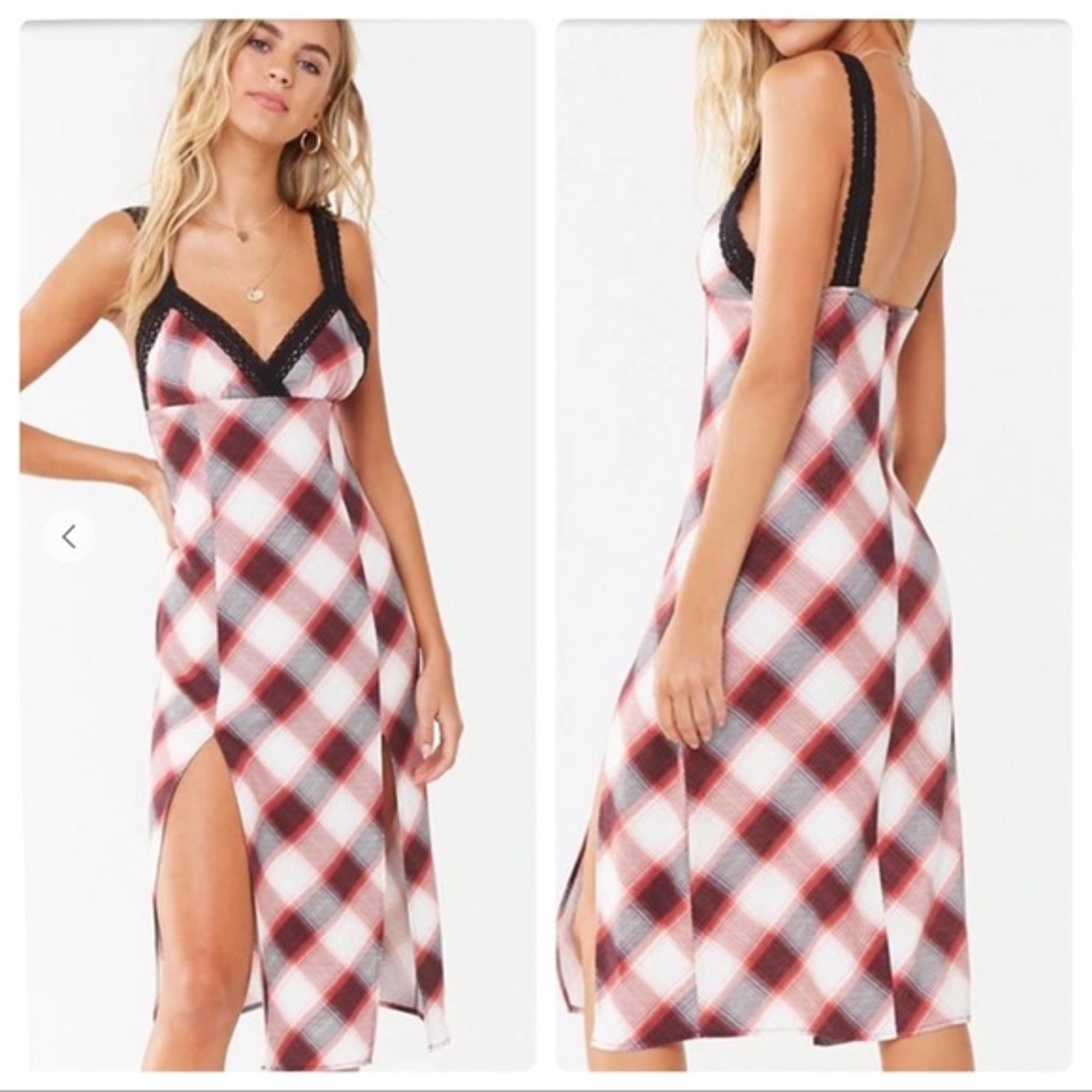 Forever 21 Plaid Crochet Trim Rayon Midi Dress, Small