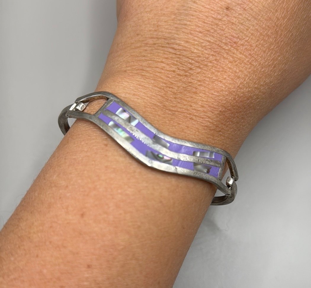 Vintage Silver Purple Abalone Shell Wave Large Cuff Bangle Statement Bracelet