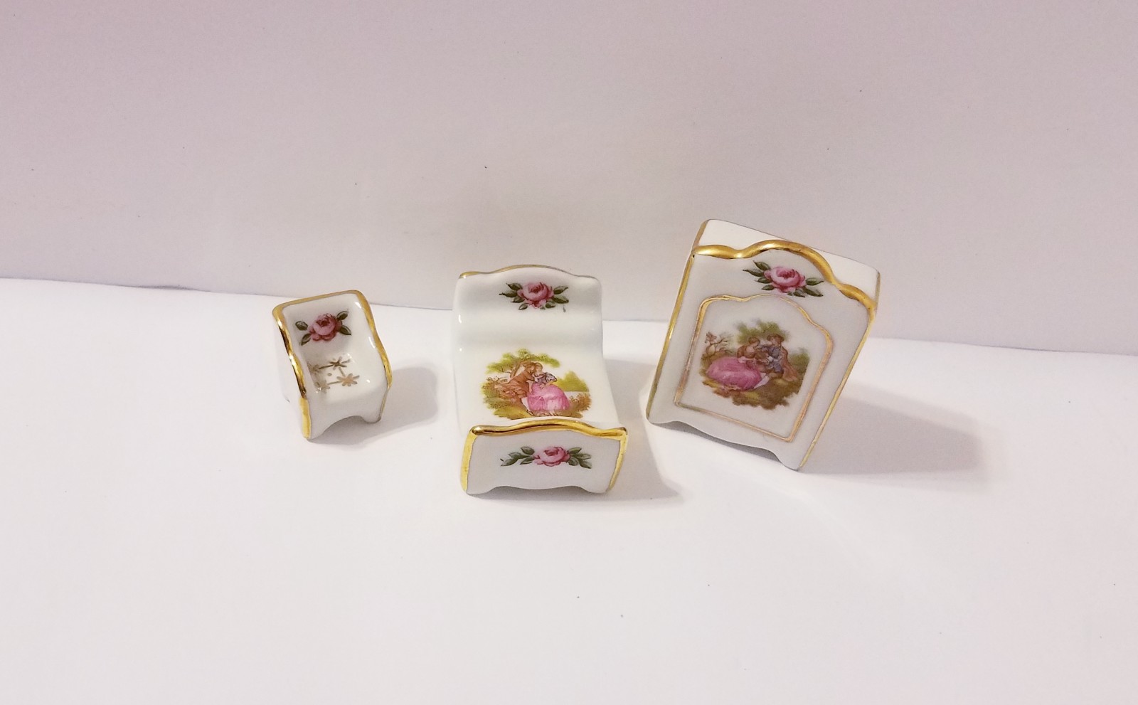 Limoges France Miniature Porcelain Courting Couple Bedroom Bed Armoire Love Seat