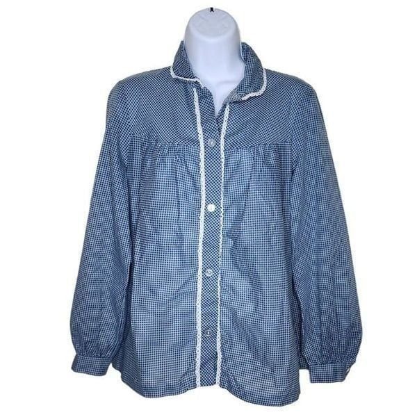 Vintage 80s Western Blouse Button Up Shirt Womens Size M Blue Check