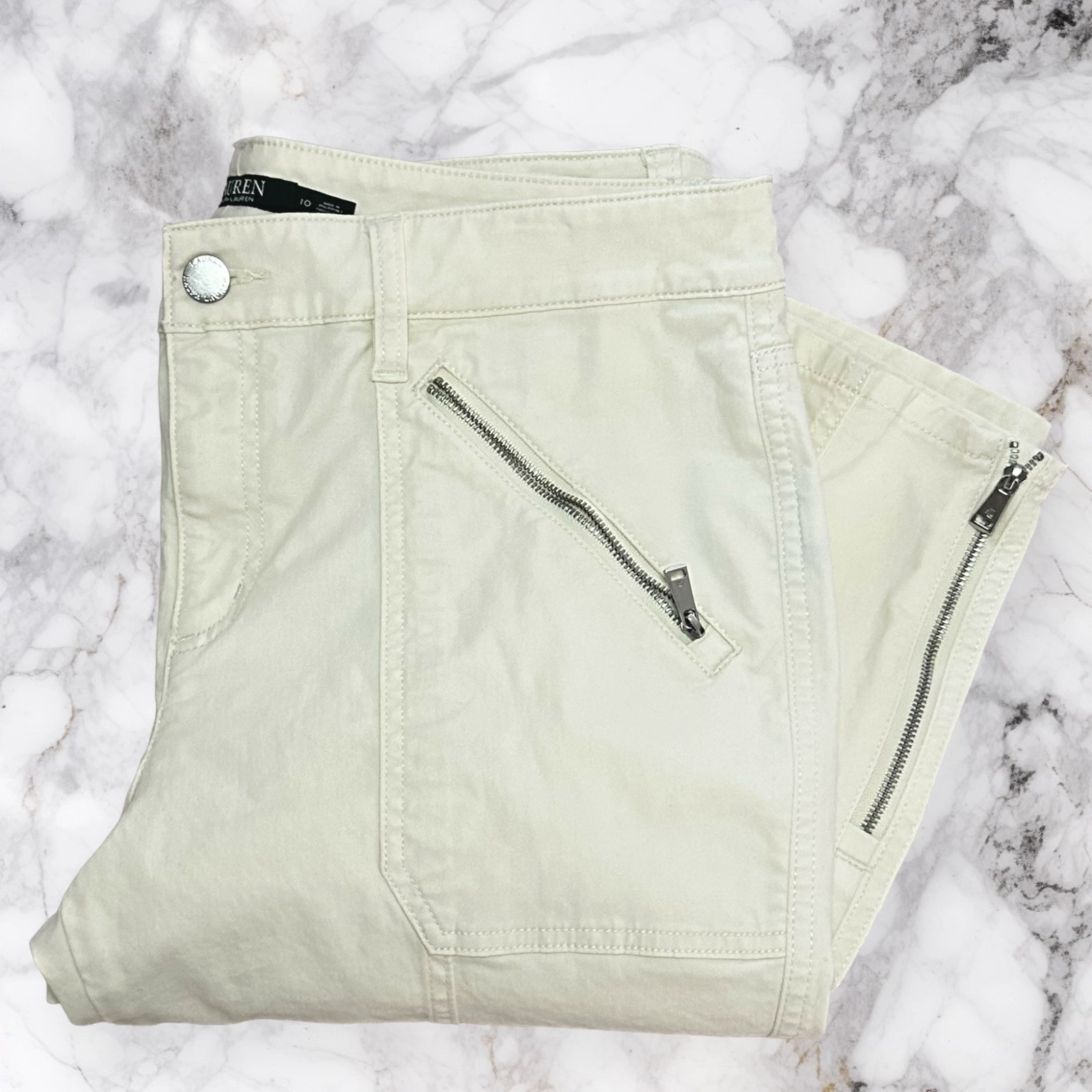 LAUREN RALPH LAUREN Ankle Zip Cropped Pants Mid Rise Slim Ivory Edgy Rock Moto
