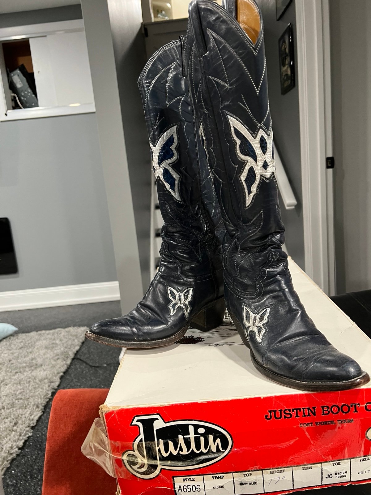 Justin Vintage Butterfly Inlay Blue Western Cowboy Cowgirl Boots 6506 size 5.5 B